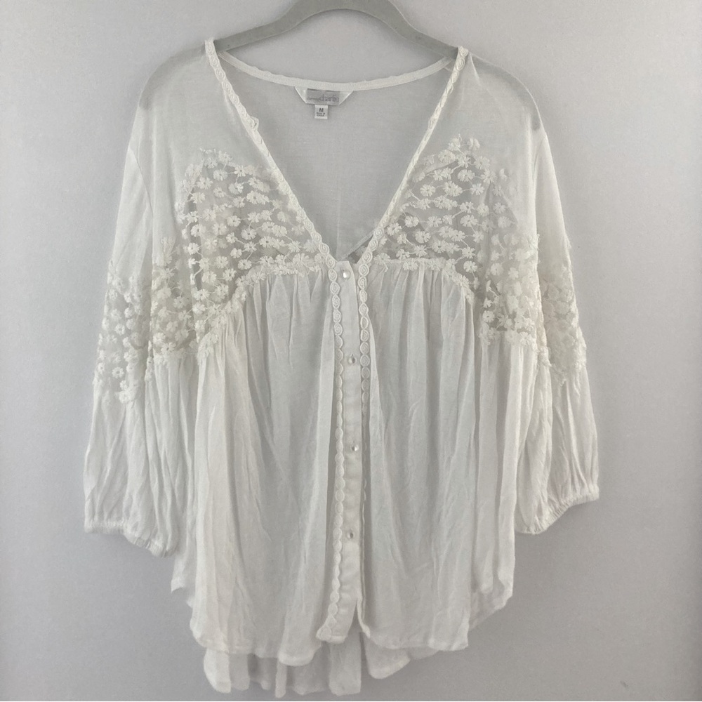 Charming Charlie White Button Up Top with Floral Detail